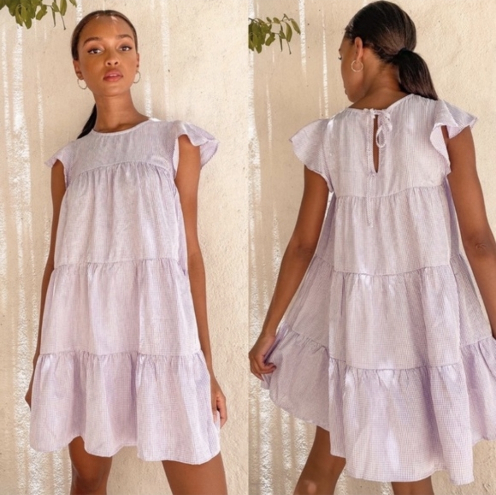 Lulus Picnic Perfect Lavender Gingham Tiered Babydoll Dress Womens Size S